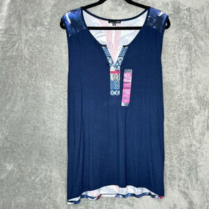 RXB XXL 2X Tank Top Shirt Blue Red Floral Flower Sleeveless Scoop Neck Stretch